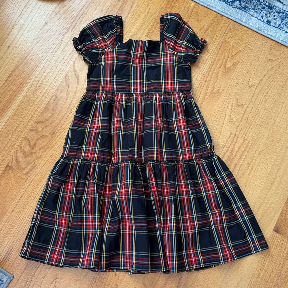 Crew Cuts by J Crew square neck tiered Dress black Stewart tartan Size 10 BM584